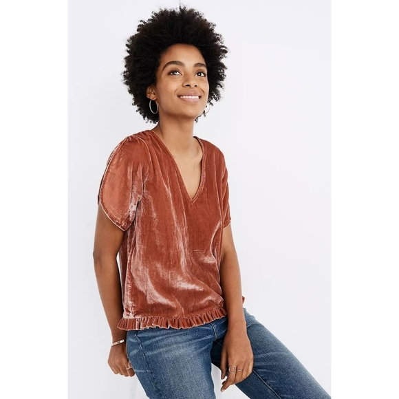 Madewell Tops - Madewell Velvet Tulip Sleeve Blouse V-neck Ruffle Hem Blush Salmon Sz Medium